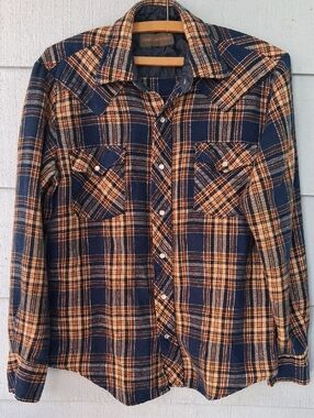 Western Button-Up Shirt Navy and Tan Plaid